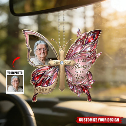 Custom Car Ornament - Personalized Memorial Butterfly Photo Keepsake with Cross & Crystal Wings