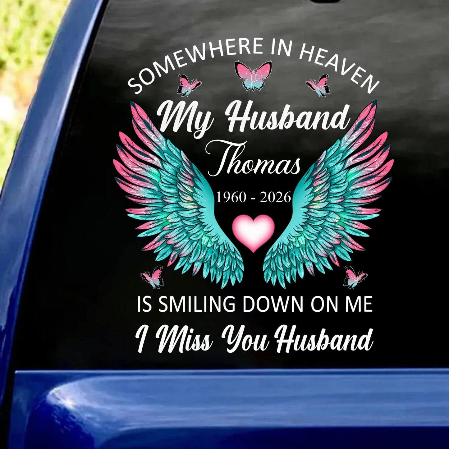 Custom Decal-Personalized Angel Wings Window Sticker, In Loving Memory Husband Gift, Bereavement Car Decal-I Miss You Memorial Husband
