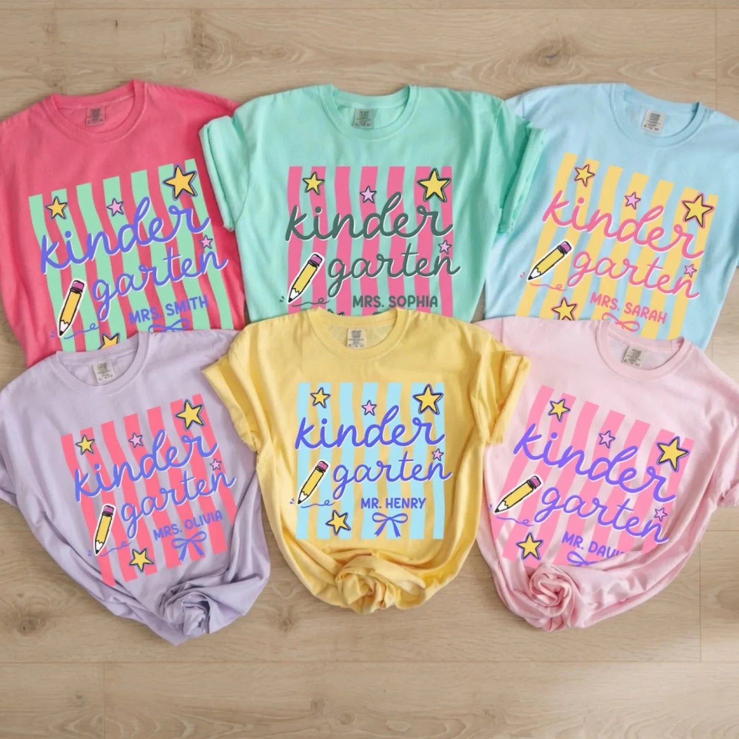 Custom T-Shirt- Personalized, Kindergarten Tee,Retro Stripe Kindergarten Team Shirt, Back toSchool, Kindergarten Teacher Tee,Their FirstSchool Year, My Forever Memories