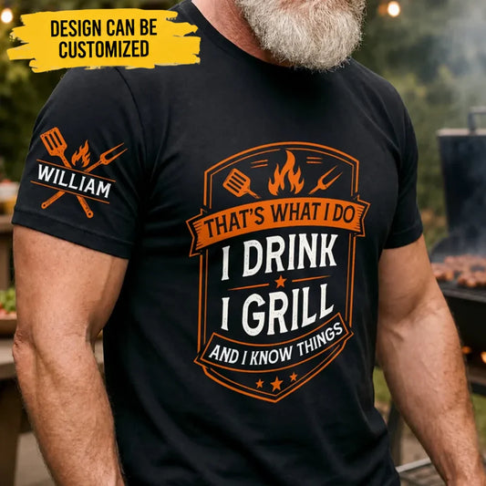 Custom BBQ Unisex T-Shirt With Design On Sleeve - Personalized Grilling Gifts For BBQ Lovers, Husband, Son, Grandson, Brother, Grandpa, Dad, Yourself - Grill Master Mode