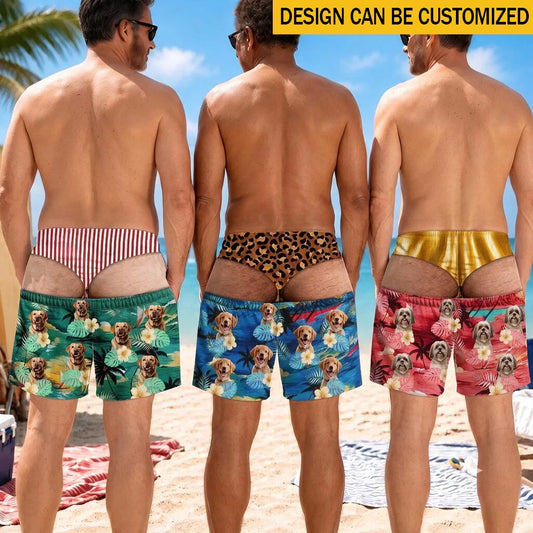 Custom Pet Photo Funny Men Swim Trunks-Personalized Summer Vacation And Travel Gifts For Family, Dog Cat Lovers - Life Is Better With Sandy Paws