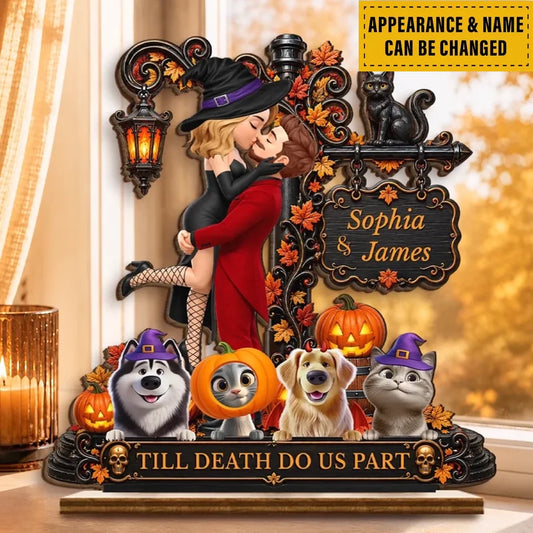 Custom 2-Layered Wooden Plaque - Personalized Halloween Decor Anniversary Wedding Gifts For Husband And Wife, Dog Cat Lovers - Spooky Hearts And Paws