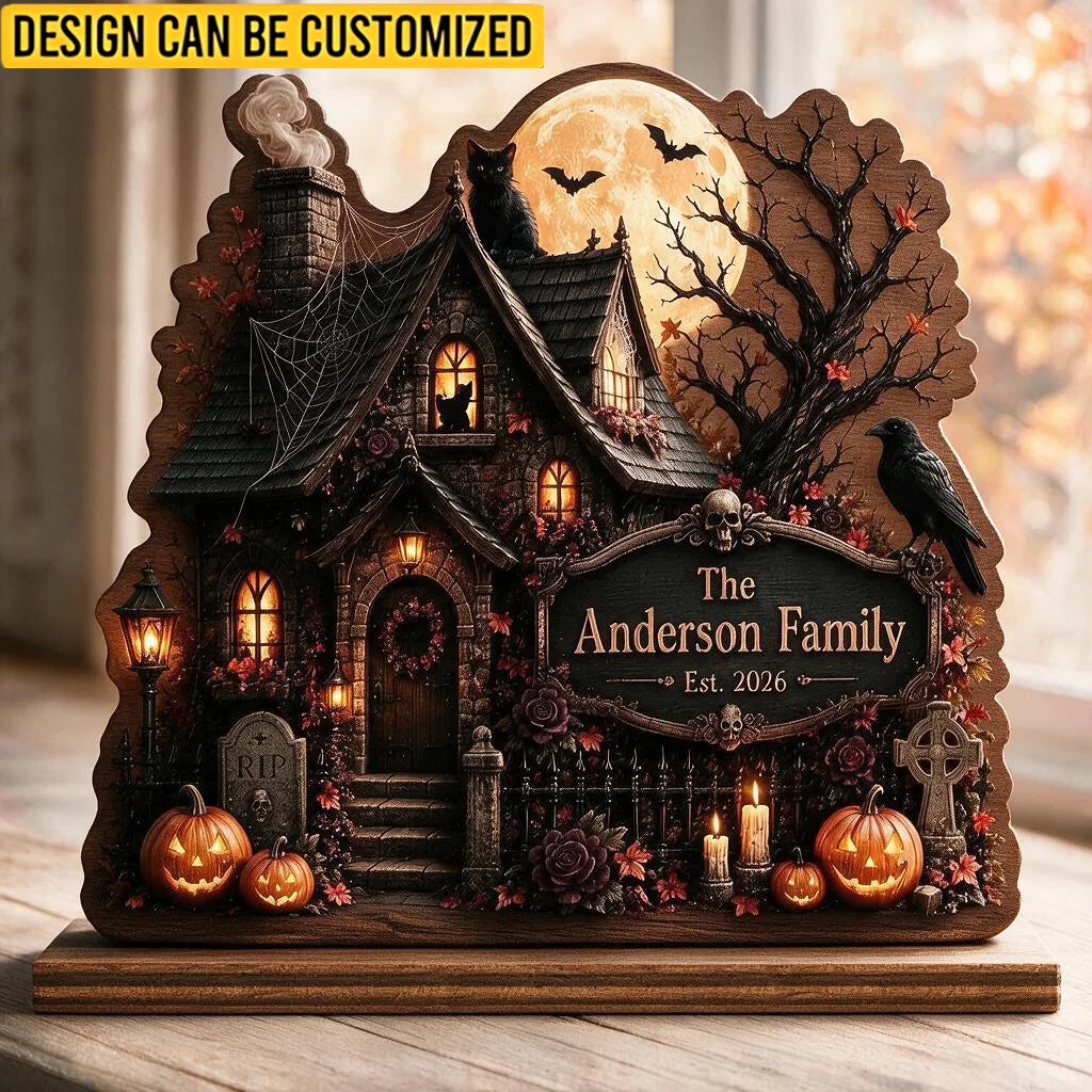 Custom 2-Layered Wooden Plaque- Personalized Haunted House Family Name Halloween Wooden Block Decor - For Spooky Home & Table Decor