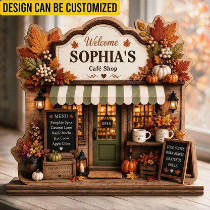 Custom 2-Layered Wooden Plaque - Personalized Autumn Coffee Shop Rustic Pumpkin Shelf Sitter Sign - For Fall Farmhouse & Coffee Bar Decor