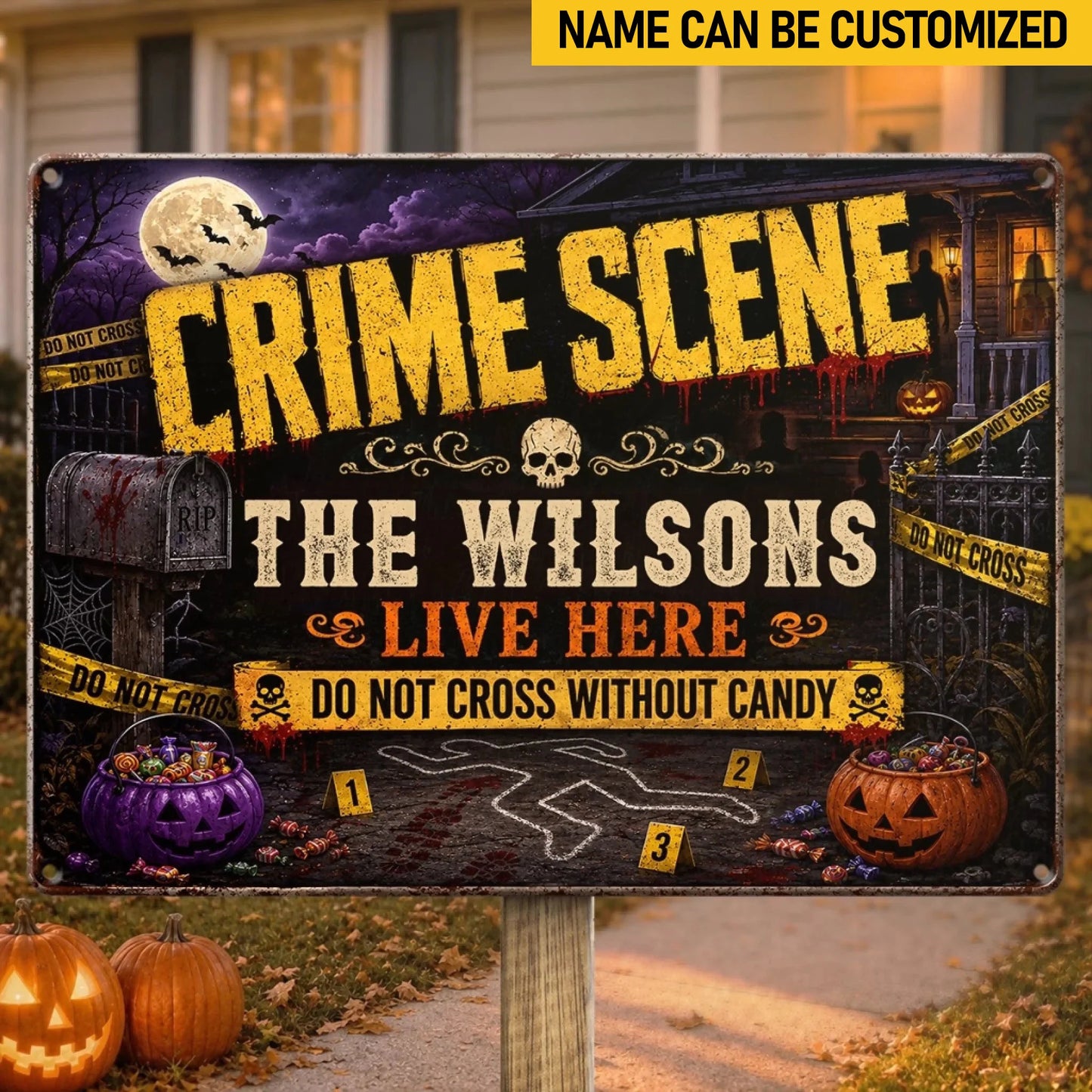 Custom Home Decor Metal Sign - Personalized Halloween Decor Birthday Gifts For Mom, Dad, Brother, Sister - Do Not Cross Without Candy