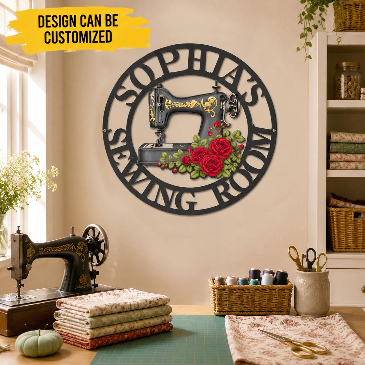 Sewing Room, Sewing Machine With Birth Flower - Personalized Metal Sign