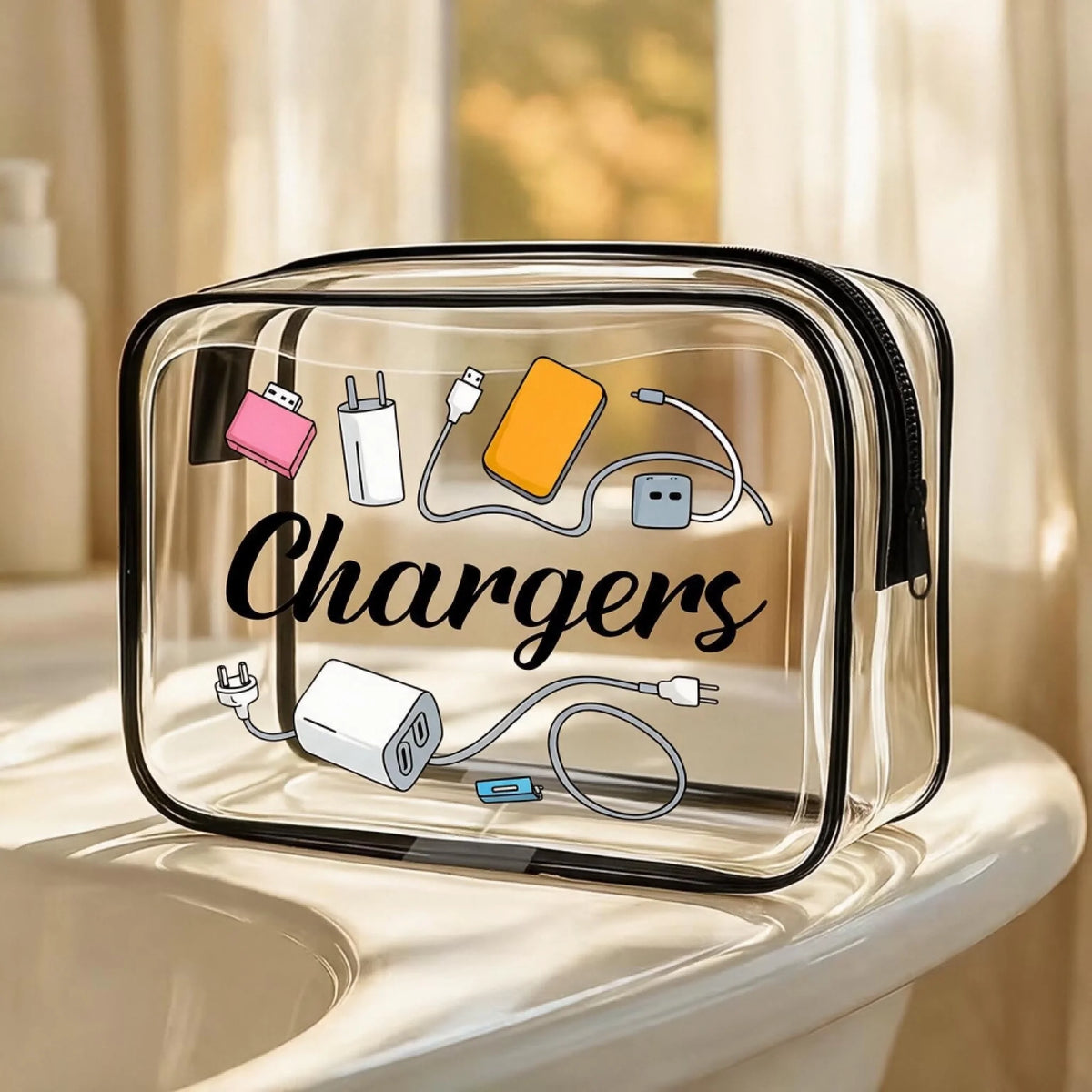 jimeng-2026-09-03-9087-完全保留原参考图透明黑边圆角收纳包的包型、黑色拉链、正面朝向、暖调浴室台面上的场...