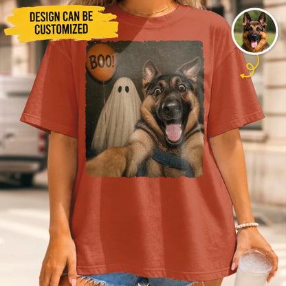 Custom Photo Funny Dog Selfie With Boo T-Shirt - Personalized Halloween Gifts For Dog Cat Lovers, Dog Dad And Mom, Cat Owners - My Pet Says Boo