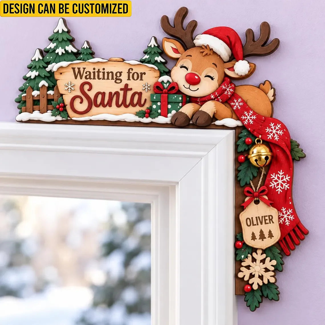 Custom Name Door Corner Sign - Personalized Christmas Gifts For Kids - Cute Reindeer Holiday Decor