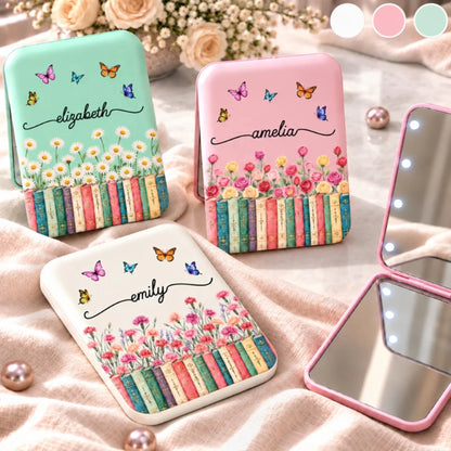 Custom LED Compact Makeup Mirror - Personalized  Name Floral Butterfly Bookish Gifts For Book Lovers, Women